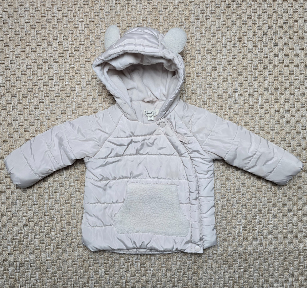 Jessica Simpson 12M Baby Girl Winter Puffer Jacket Beige Lined Soft Bear ears